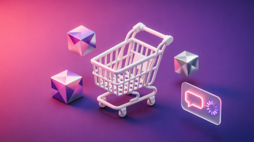 3D pink and purple chatbot interface for Human Support vs AI Chatbots — Conversion Data for Shopify 2026