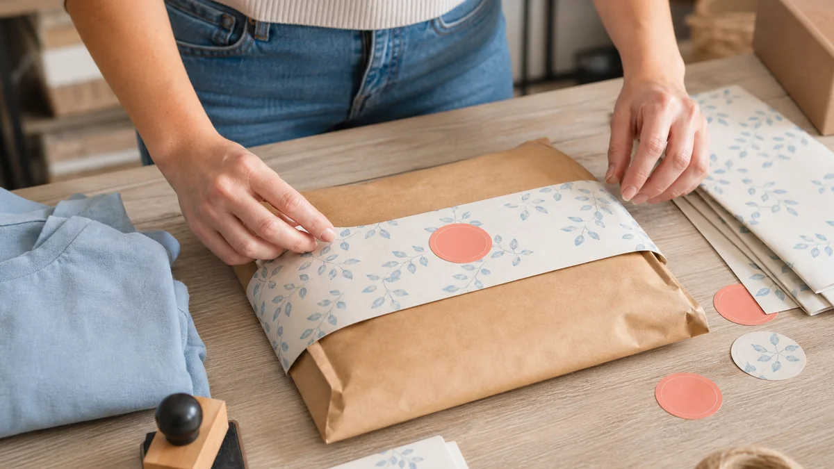 Affordable small business packaging using a kraft mailer, printed sleeve and paper stickers