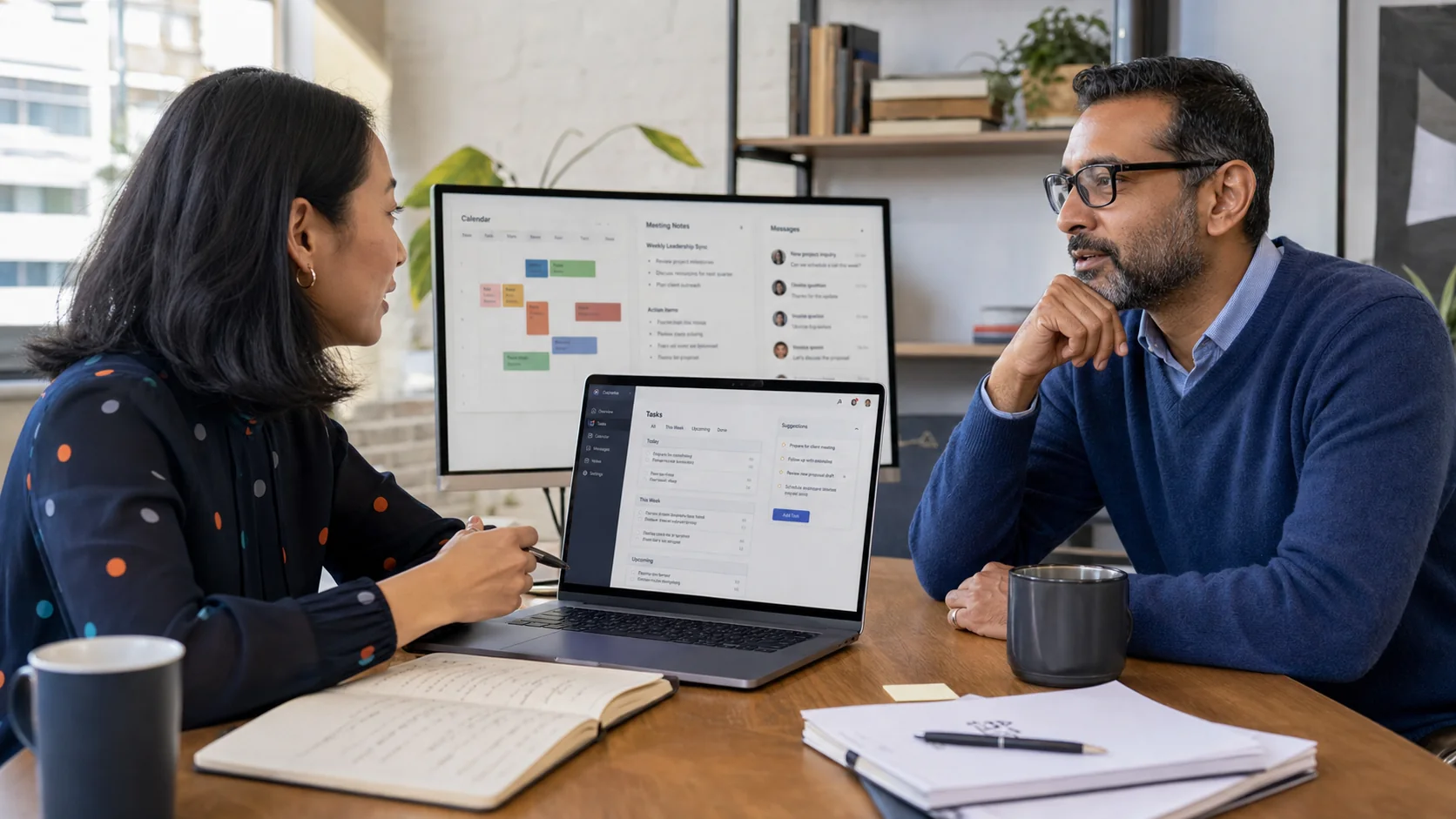 Personal assistant and business owner sharing routine work with an AI task dashboard