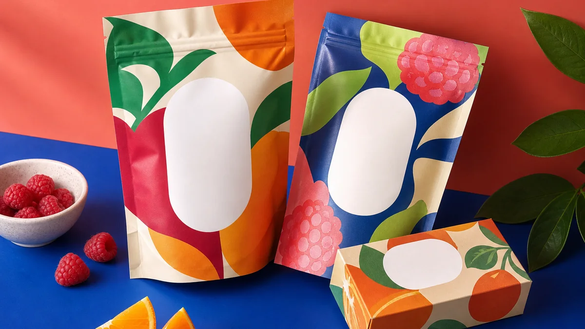 Bold pattern packaging design for colourful food pouches and a coordinated carton