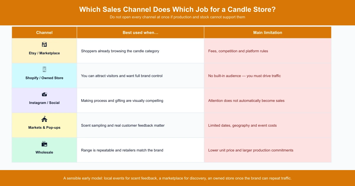 Candle sales channel comparison showing Etsy, Shopify, Instagram, markets and wholesale — when each is useful and its main limitation