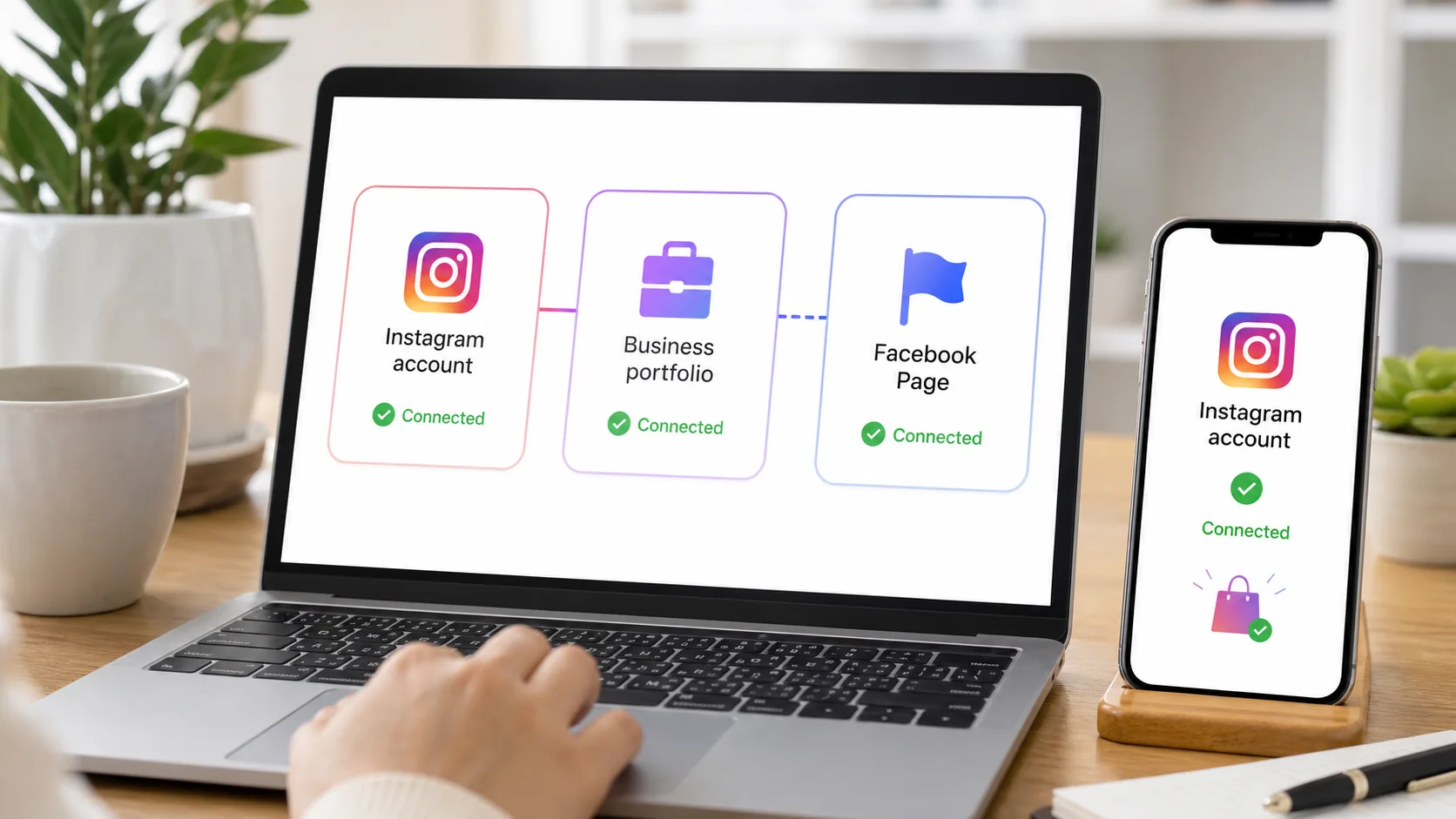 Illustrative connection between an Instagram account, business portfolio and Facebook Page