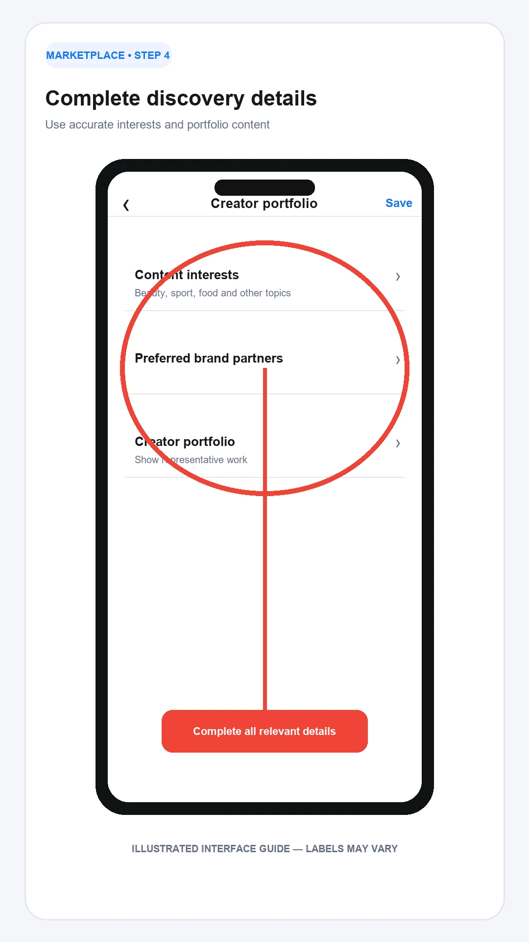 Complete interests and portfolio details for Instagram Creator Marketplace