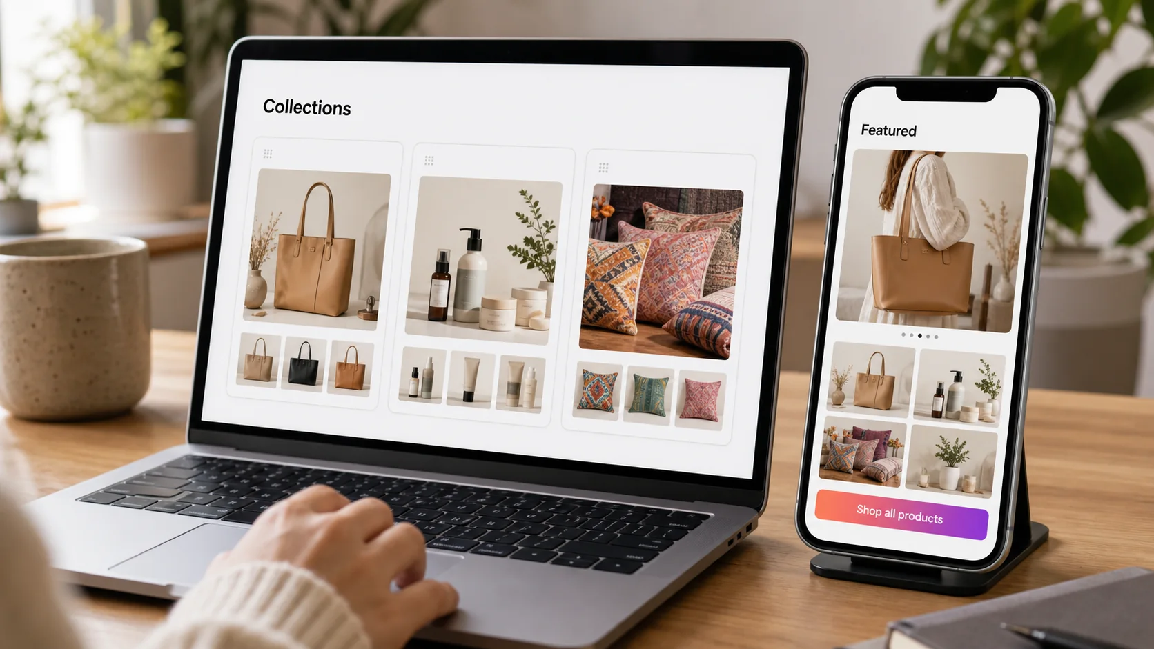 Illustrative shop collection manager and mobile storefront preview