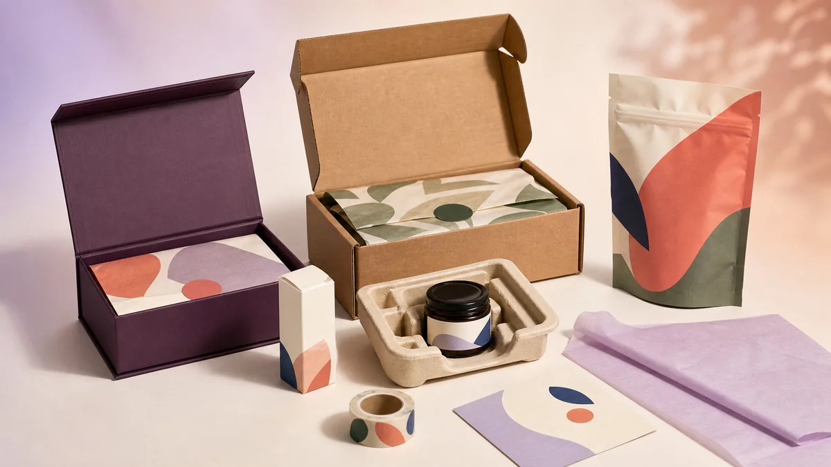 Original ecommerce packaging design ideas including boxes, pouches, inserts and branded paper