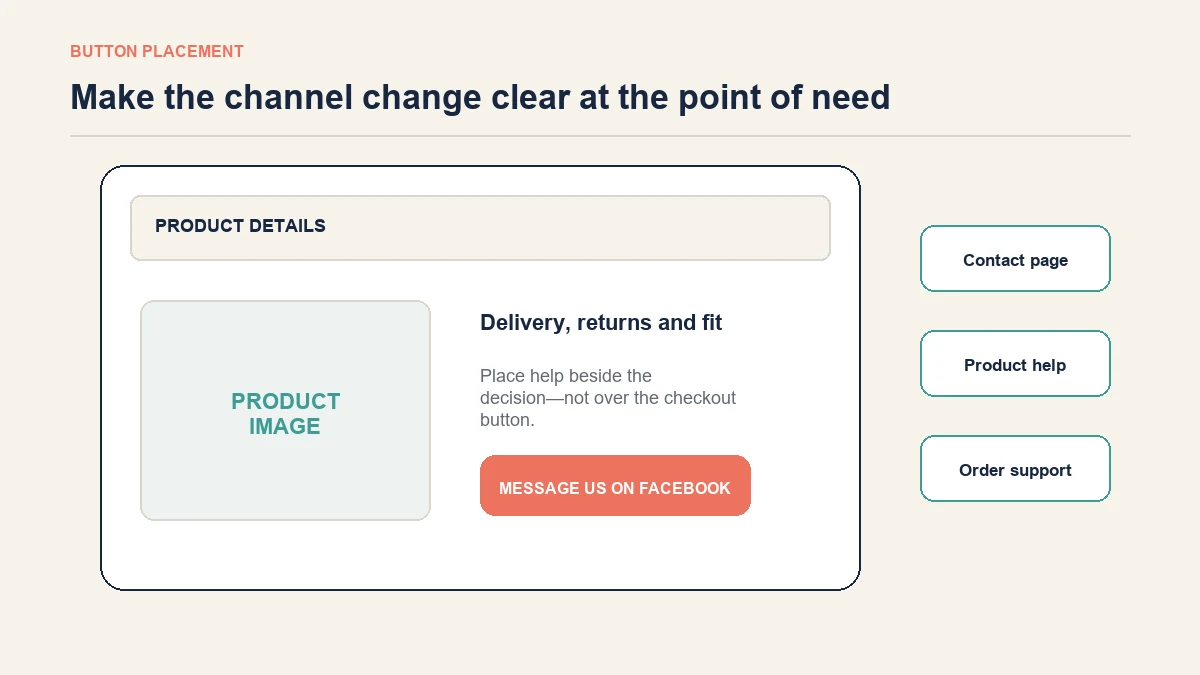 Website layout showing clear and accessible placements for a Facebook Messenger support button