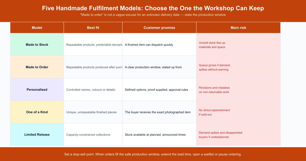Five handmade fulfilment models: made to stock, made to order, personalised, one of a kind and limited release — with best fit, promise and main risk