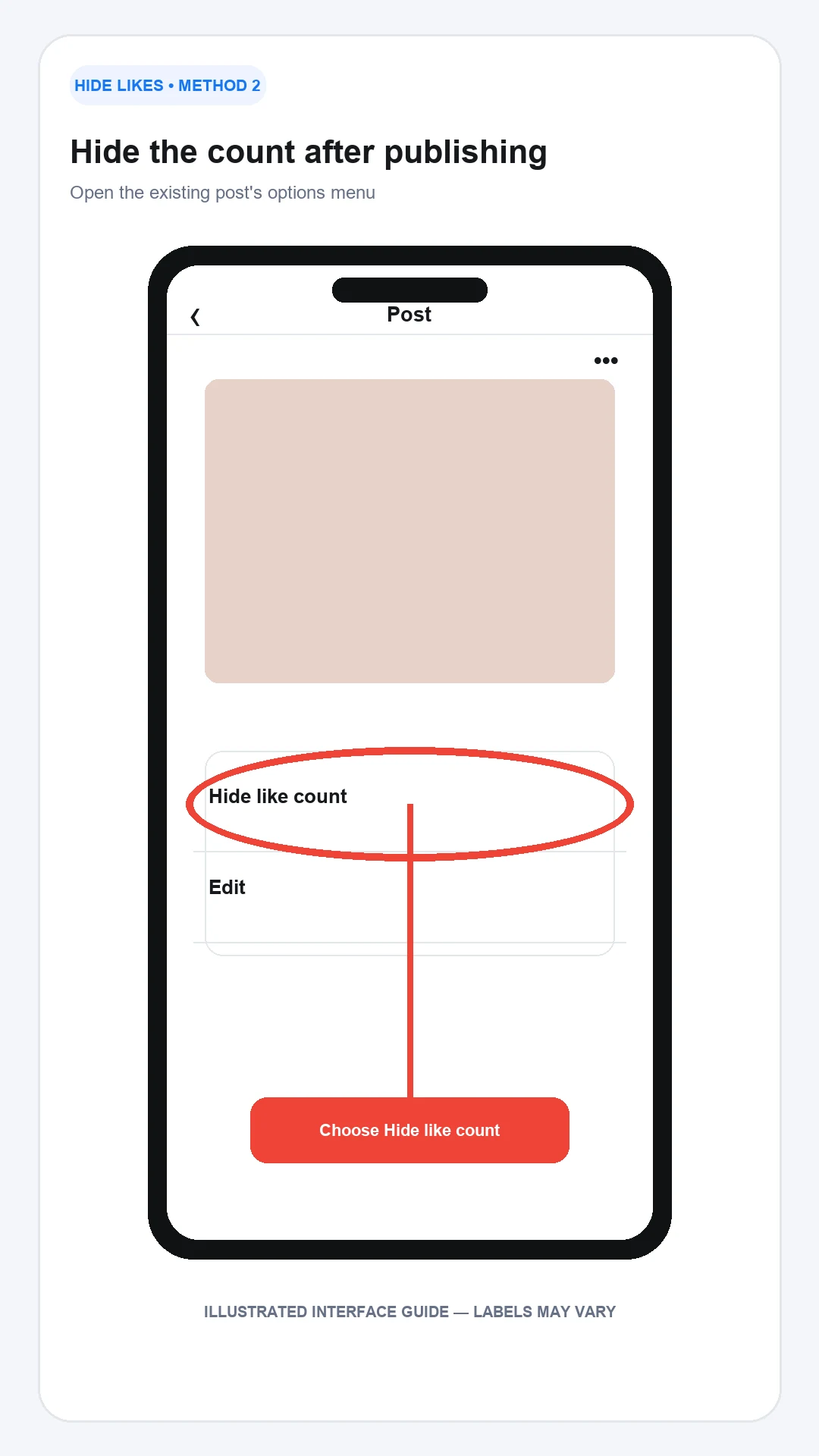 Open an existing Instagram post menu and choose Hide like count