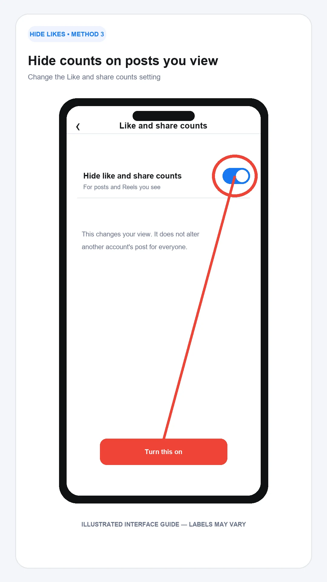 Find Hide like and share counts in Instagram settings