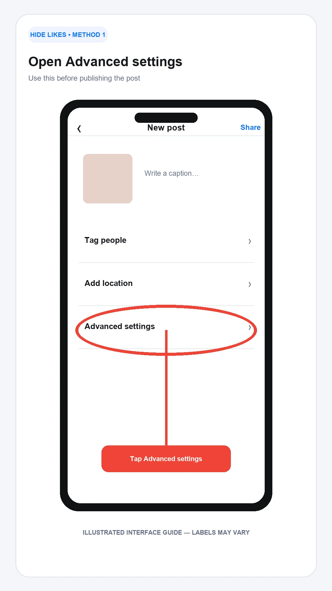 Open Advanced settings before publishing an Instagram post to hide likes