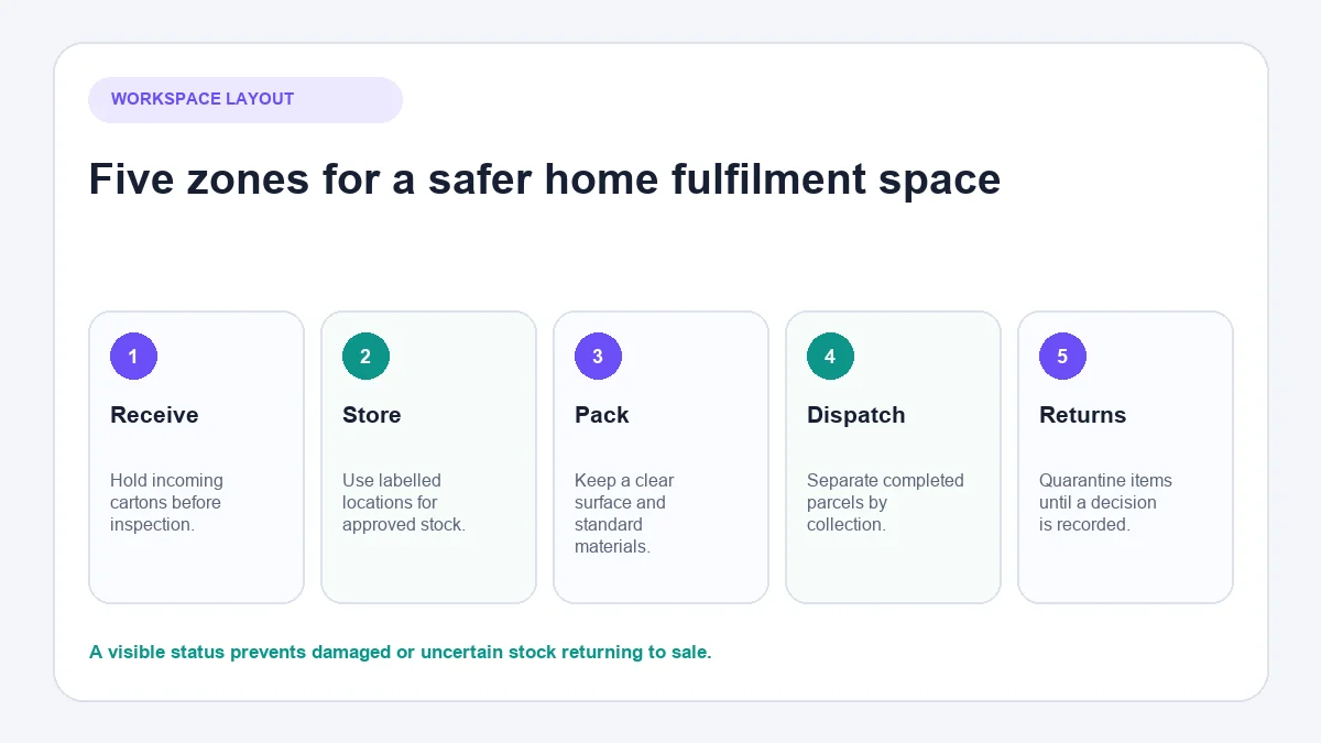 Home ecommerce workspace layout for inventory and packing