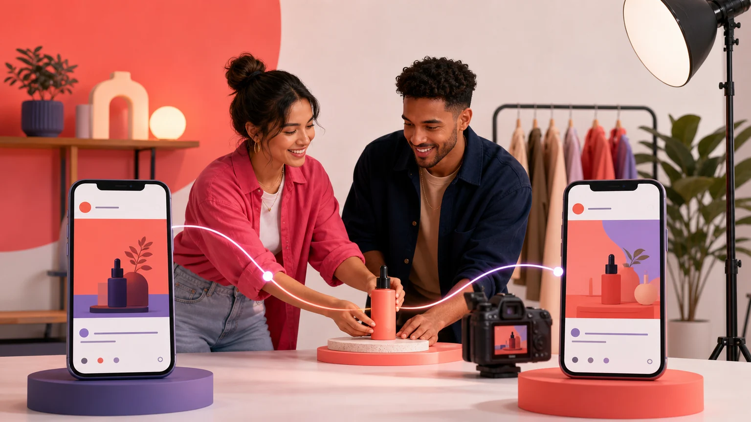Two creators preparing a collaborative Instagram product post