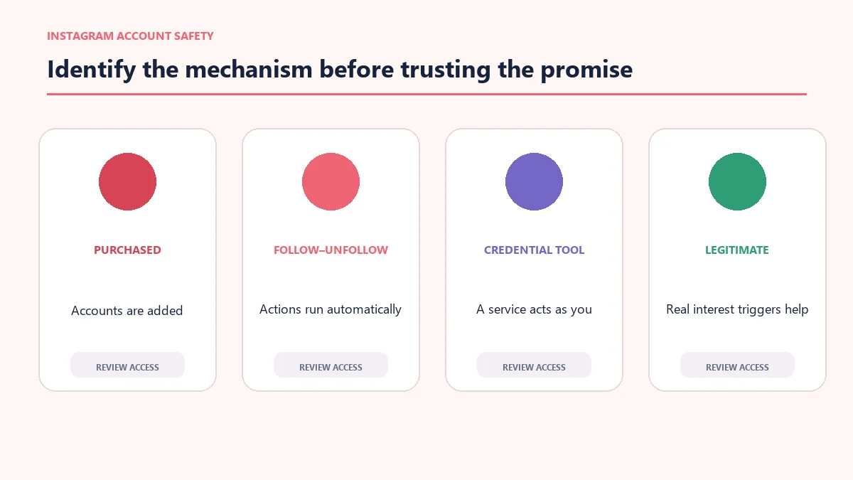 Decision map separating fake followers, follow-unfollow bots, credential tools and legitimate Instagram automation