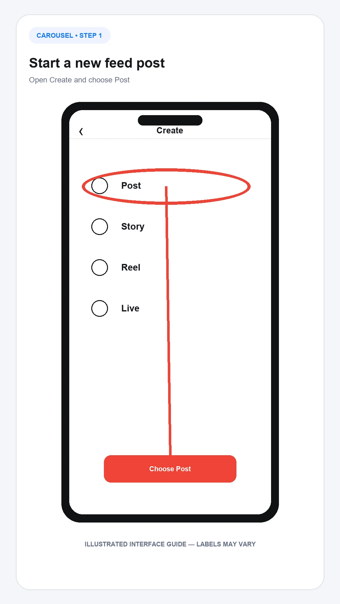 Open Create and choose Post to start an Instagram carousel