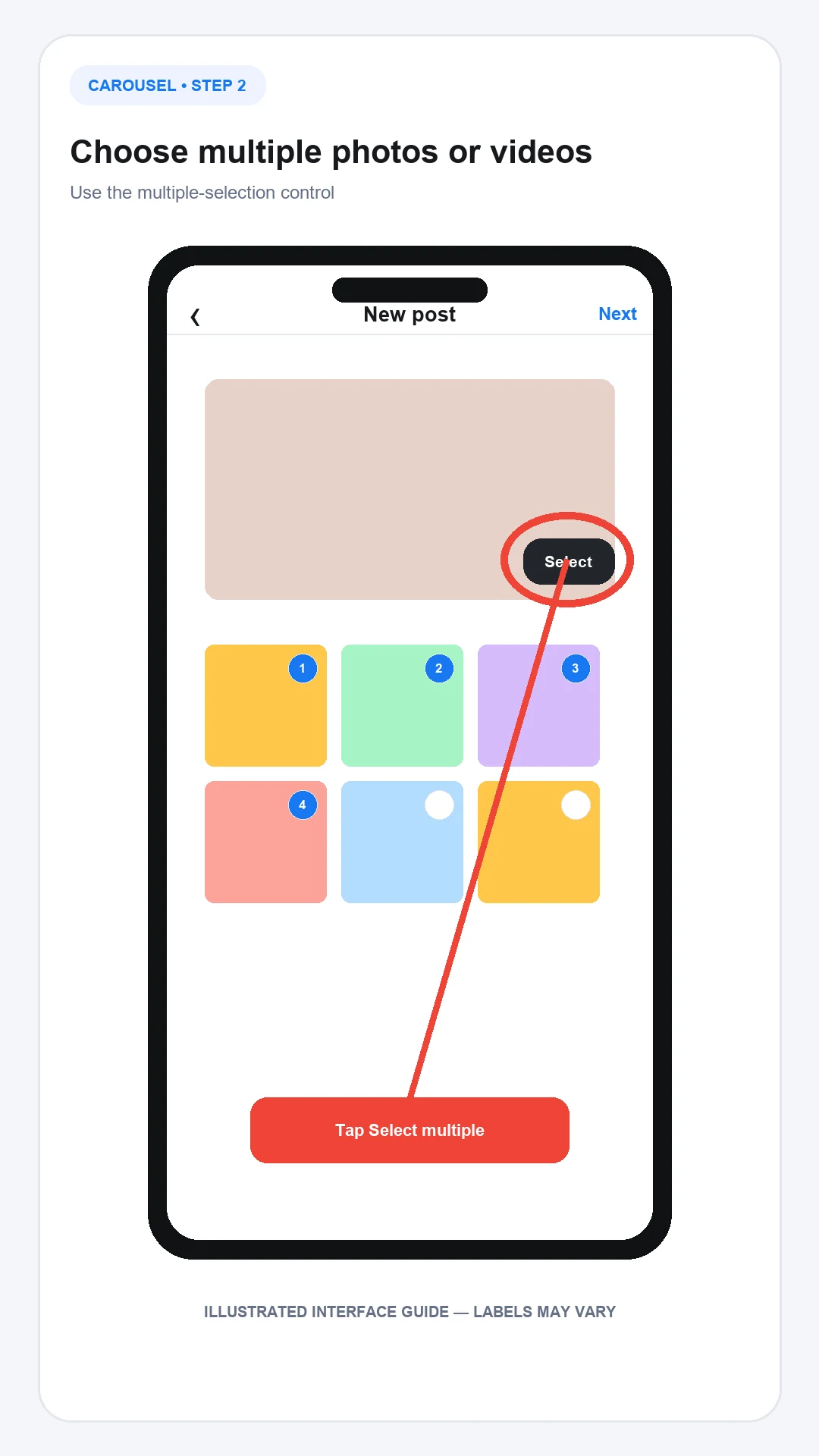 Use Select multiple to add photos or videos to an Instagram carousel