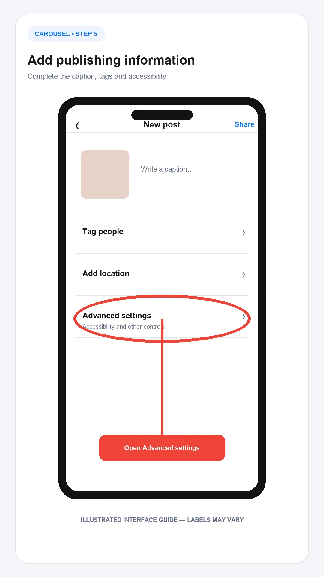 Add a caption, tags, location and accessibility details to an Instagram carousel