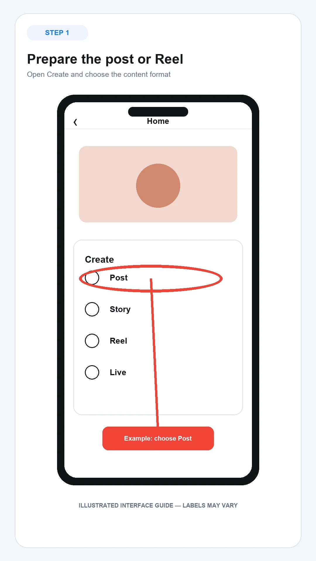Choose Post or Reel from the Instagram Create menu for a Collab