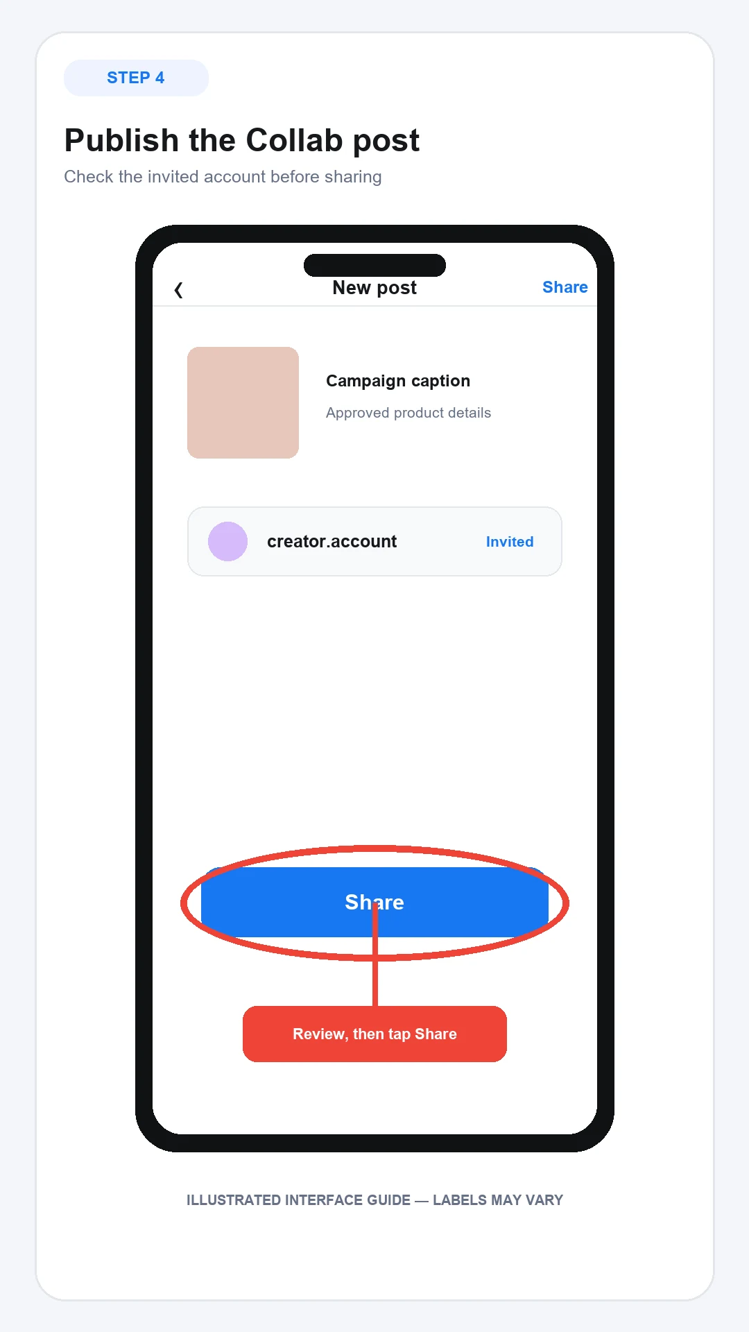 Review the invited Instagram collaborator before selecting Share