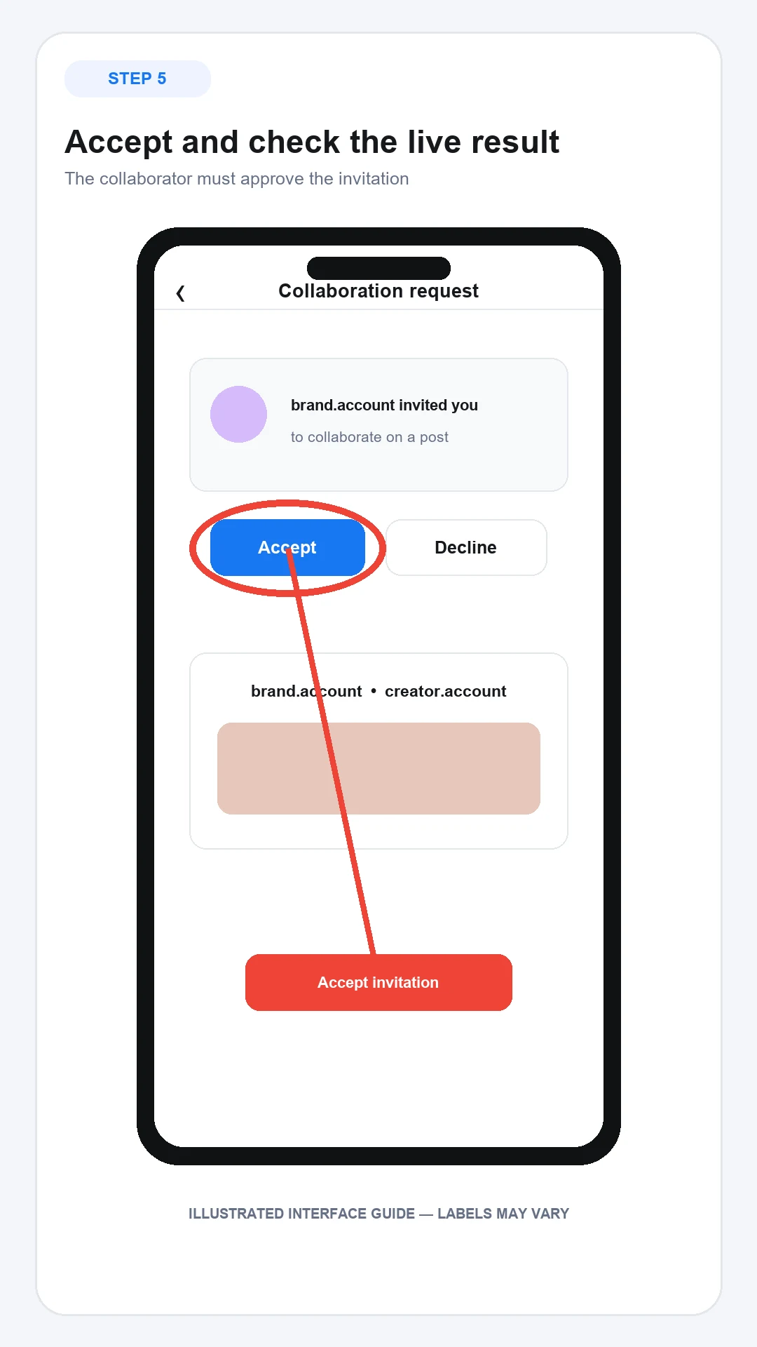 Accept the Instagram collaboration request and check both account names