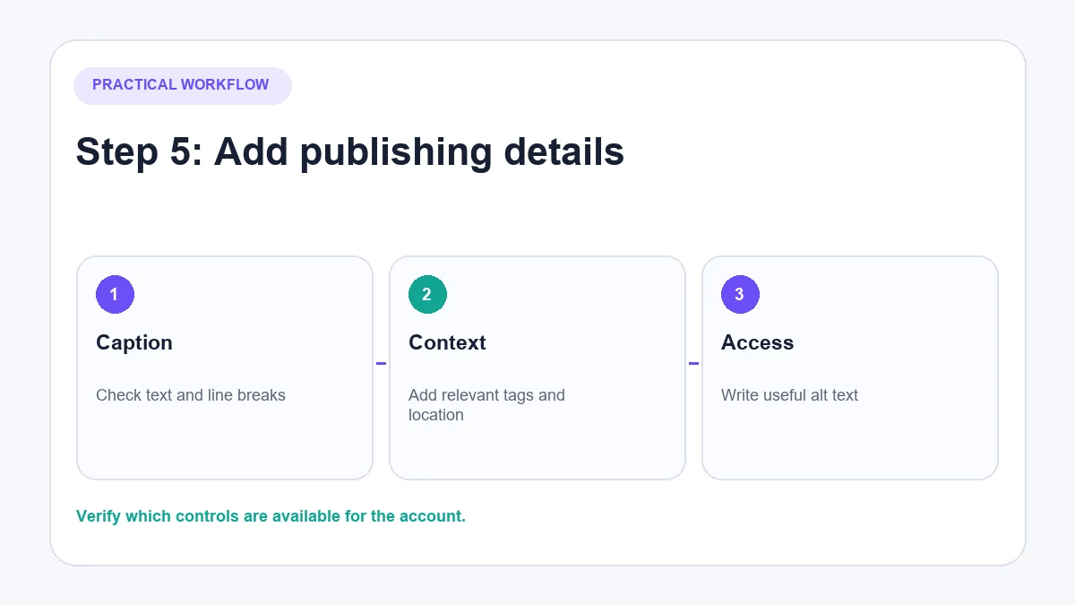 Adding an Instagram caption and publishing details on desktop