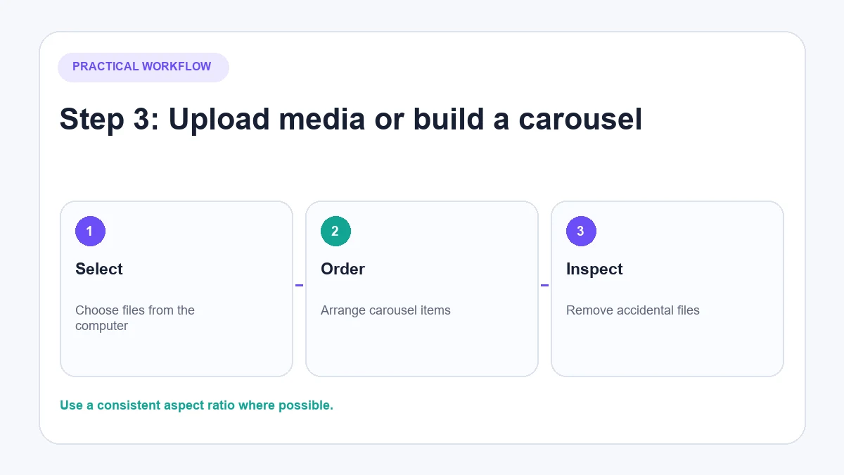 Uploading photos for an Instagram carousel on desktop