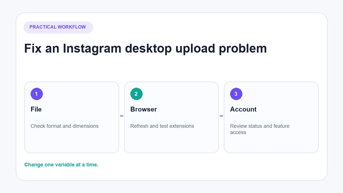 Instagram desktop upload troubleshooting flow
