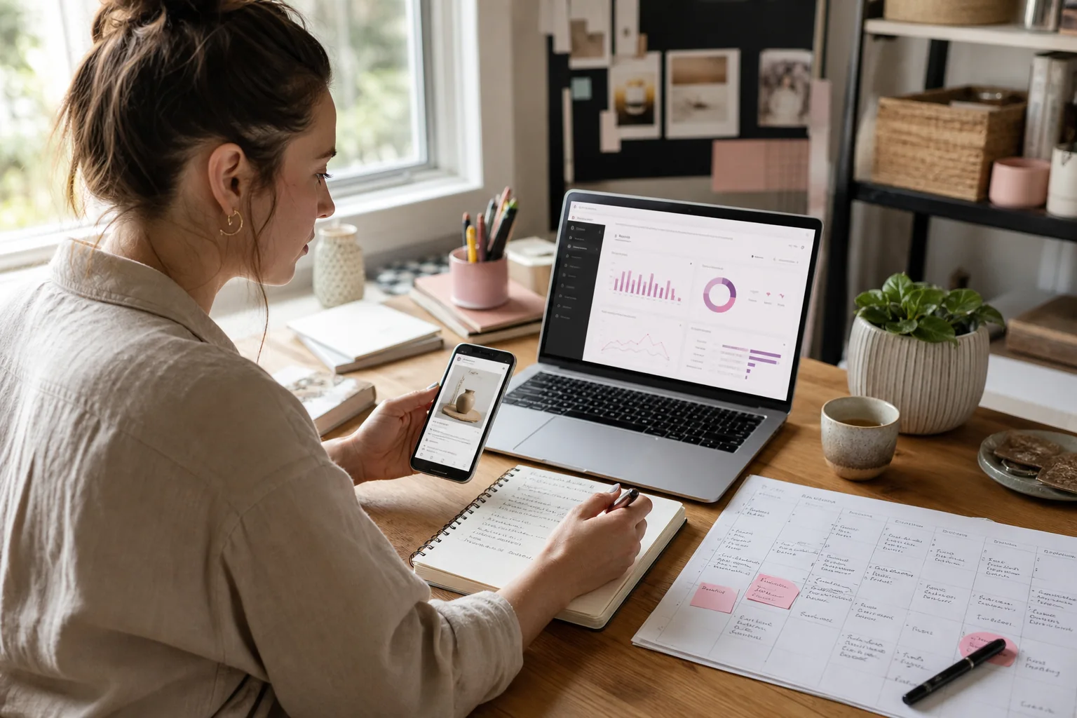 A small-business owner comparing post interactions, reach and a content calendar