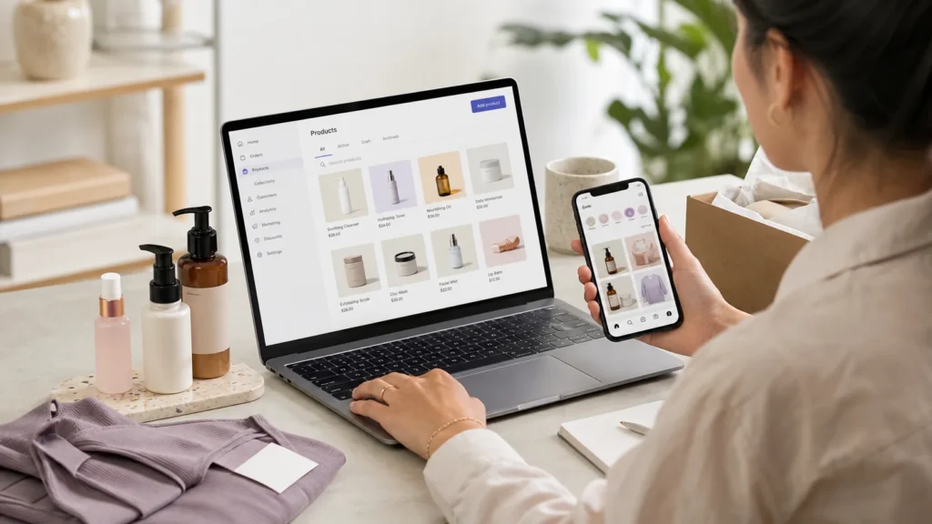 Ecommerce merchant setting up an Instagram Shop using a product catalogue on a laptop and phone
