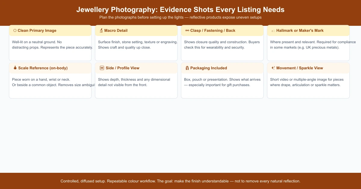 Eight required jewellery photography shots: primary image, macro detail, clasp, hallmark, scale reference, side view, packaging and movement