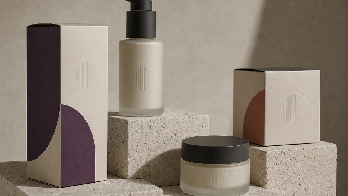 Minimalist product packaging design for a skincare bottle, jar and coordinated cartons