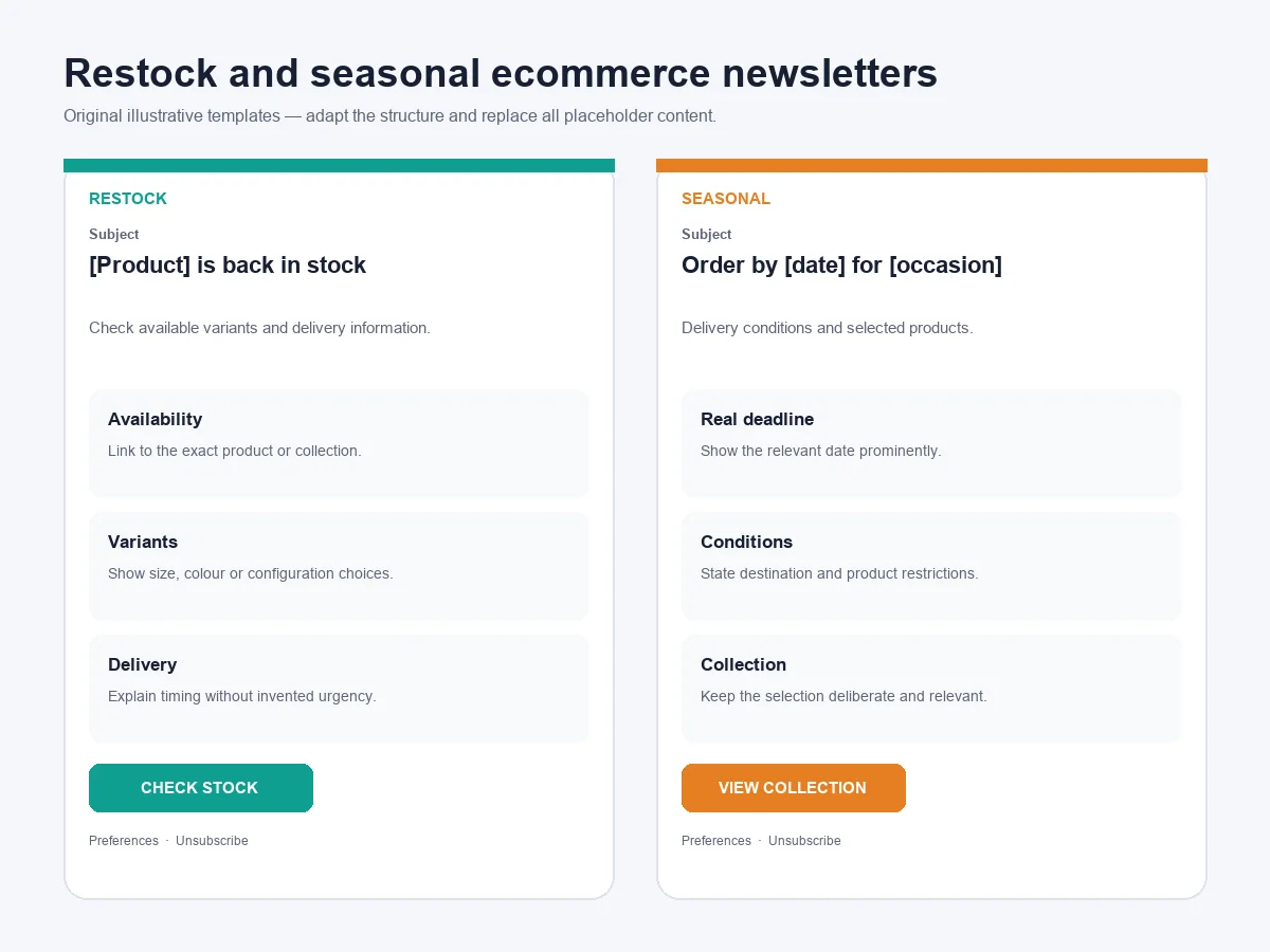 Original ecommerce restock and seasonal newsletter examples