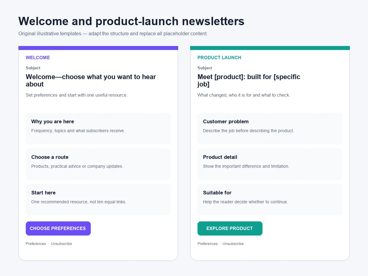 Original welcome and product launch email newsletter examples