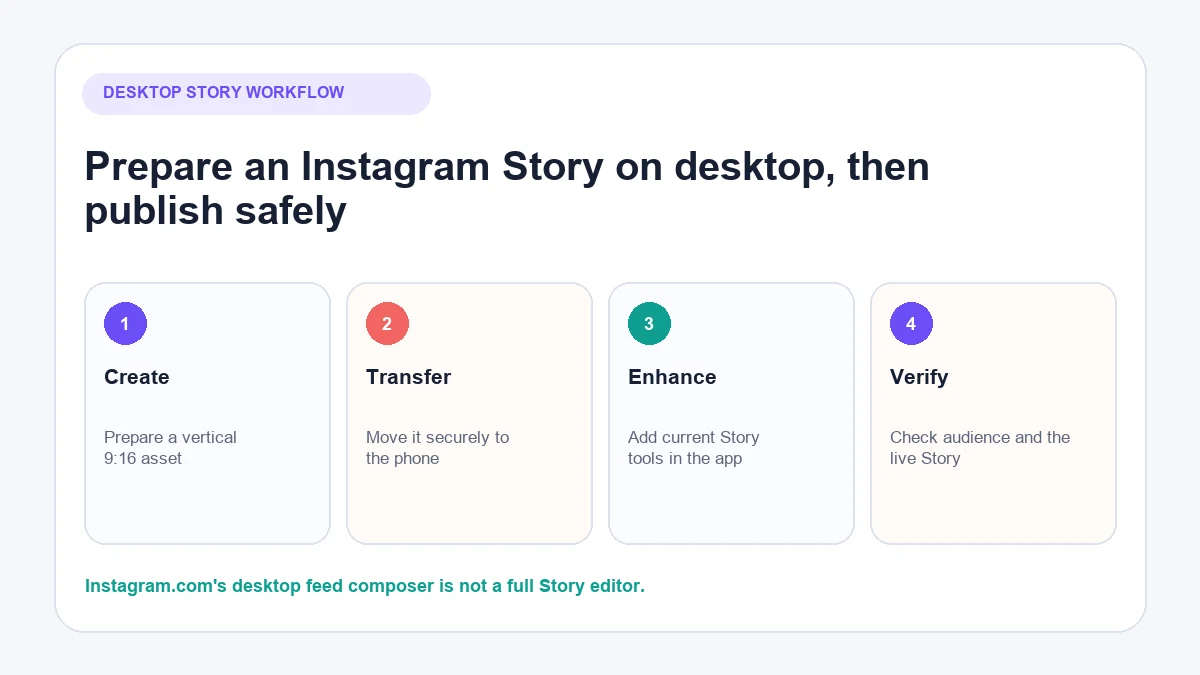 Workflow for preparing an Instagram Story on desktop and publishing from the mobile app