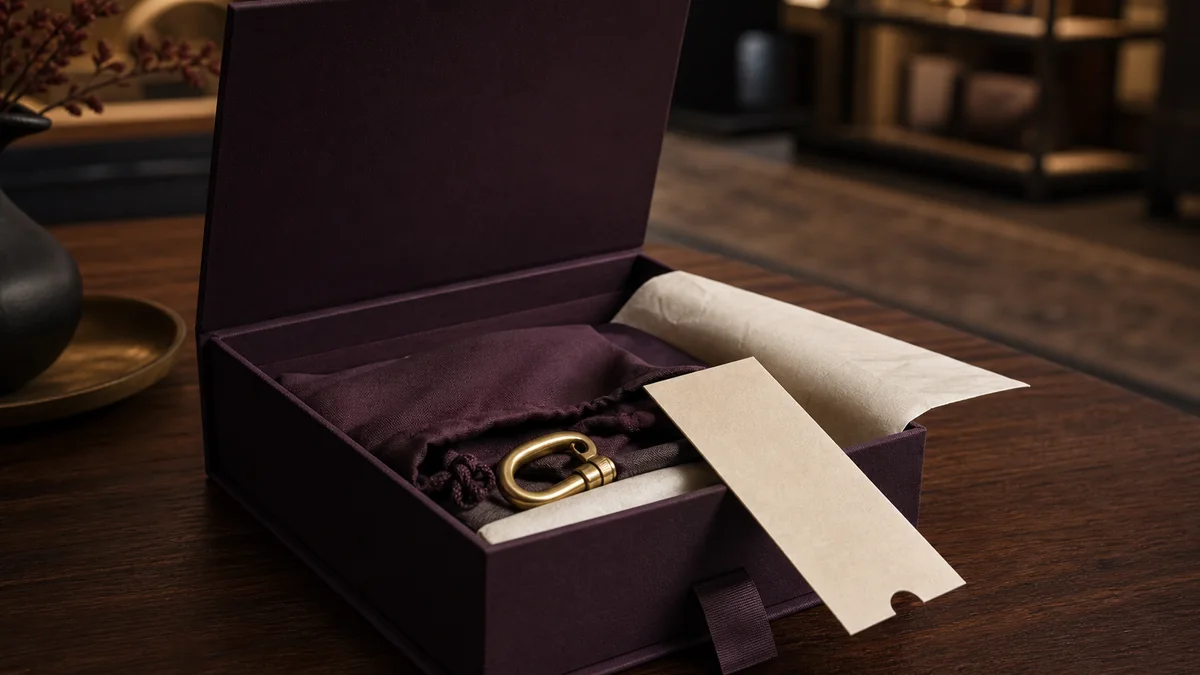 Premium unboxing packaging design with a plum rigid box, fabric pouch and paper insert