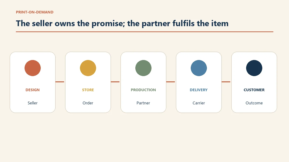 Print-on-demand order flow showing the seller, store, production partner and customer responsibilities