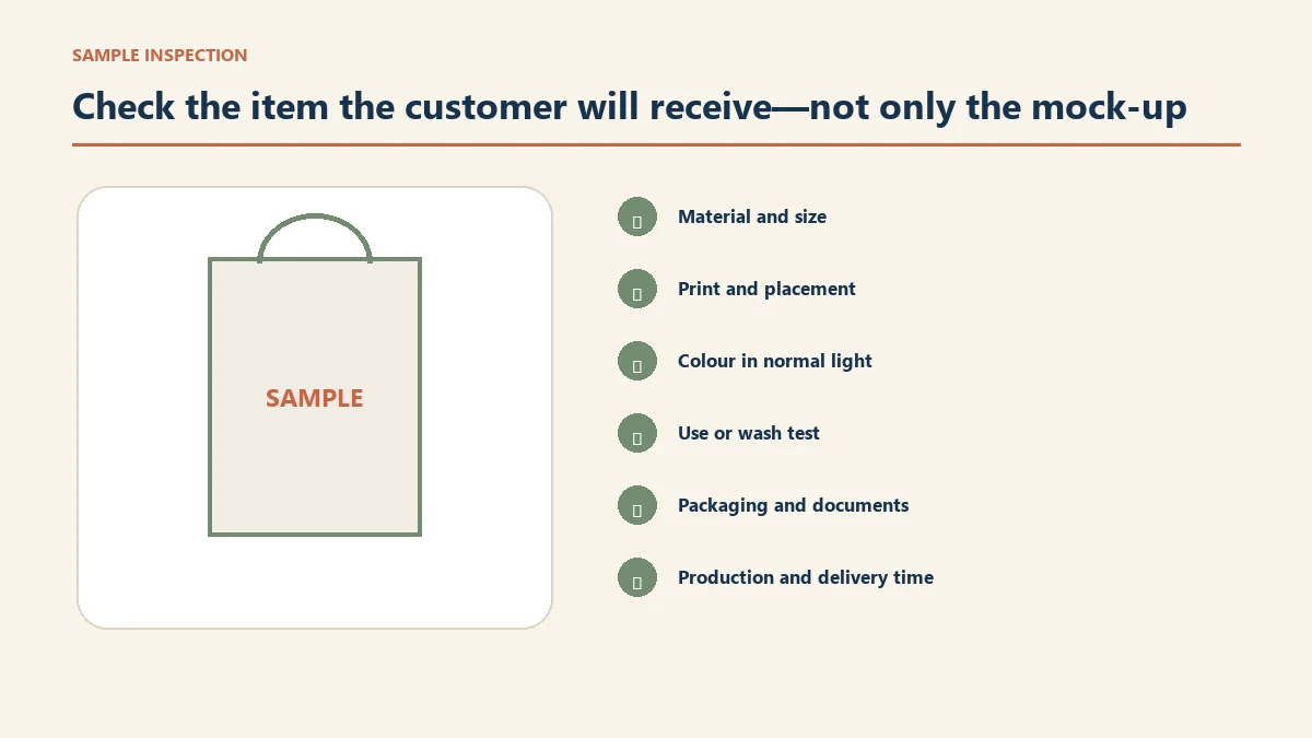 Print-on-demand sample inspection checklist for print, product, packaging and delivery