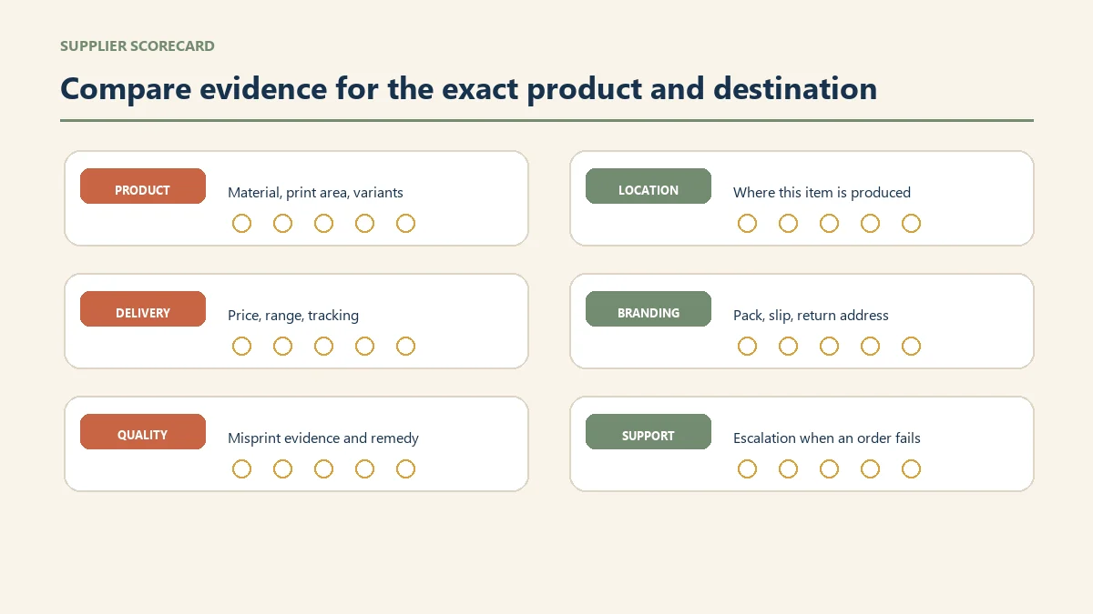 Print-on-demand supplier scorecard for product, production, shipping, branding and support