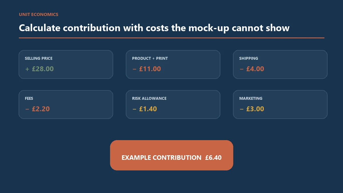 Print-on-demand unit economics worksheet with editable cost categories and margin scenarios