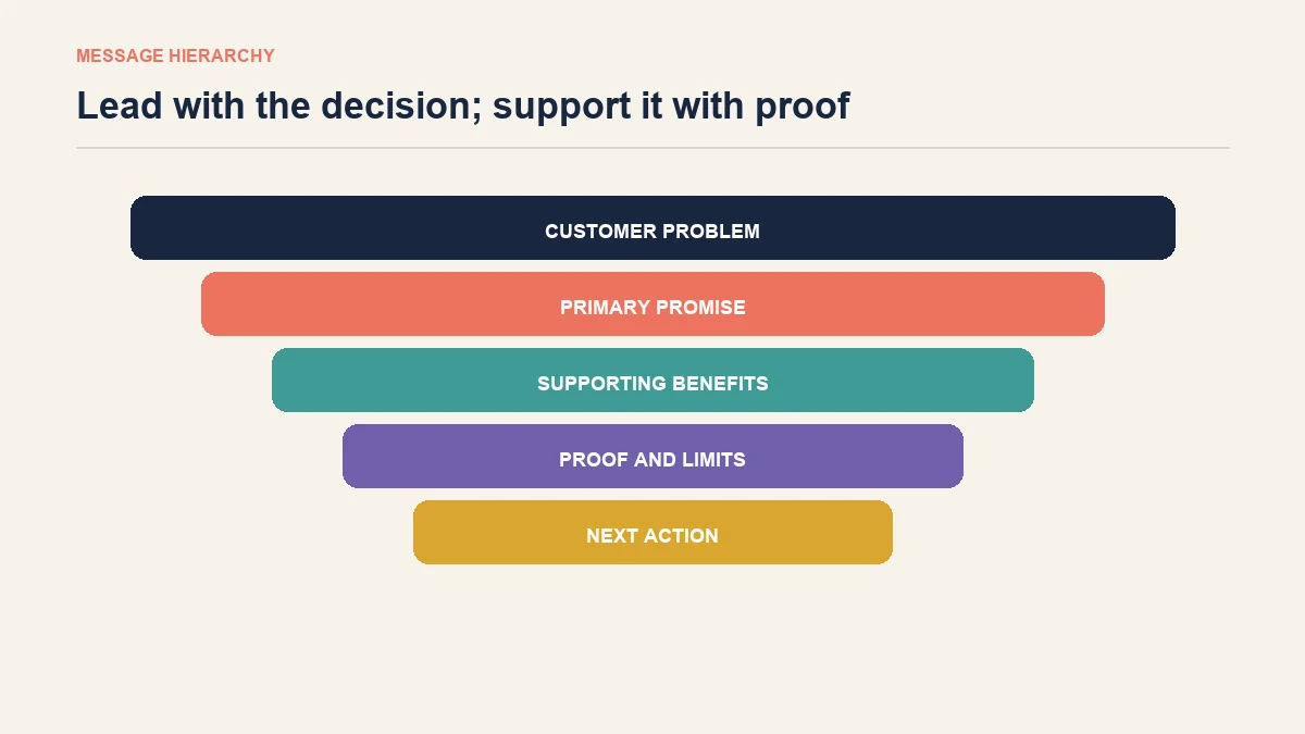 Product message hierarchy from customer problem and primary promise to evidence, objections and action