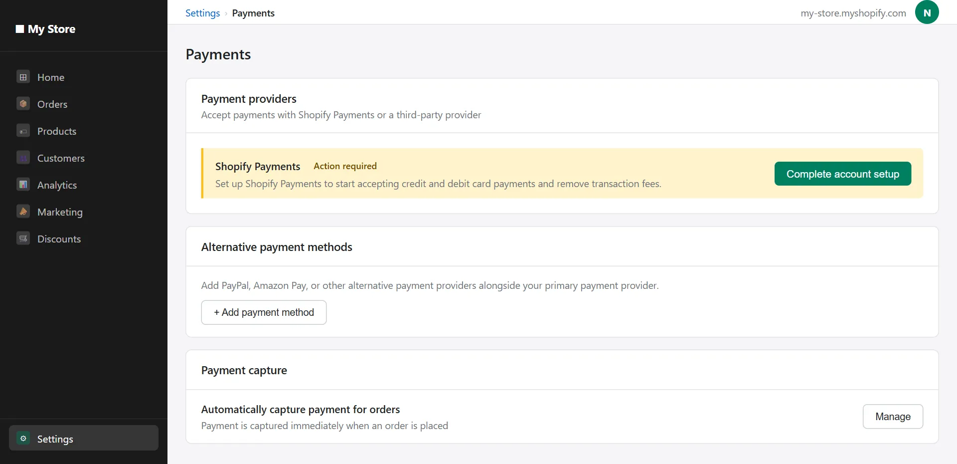 shopify admin settings payments page showing shopify payments section