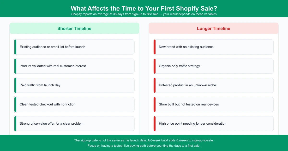 Two-column infographic showing factors that shorten or lengthen the time to a first Shopify sale, including audience, product validation and traffic strategy