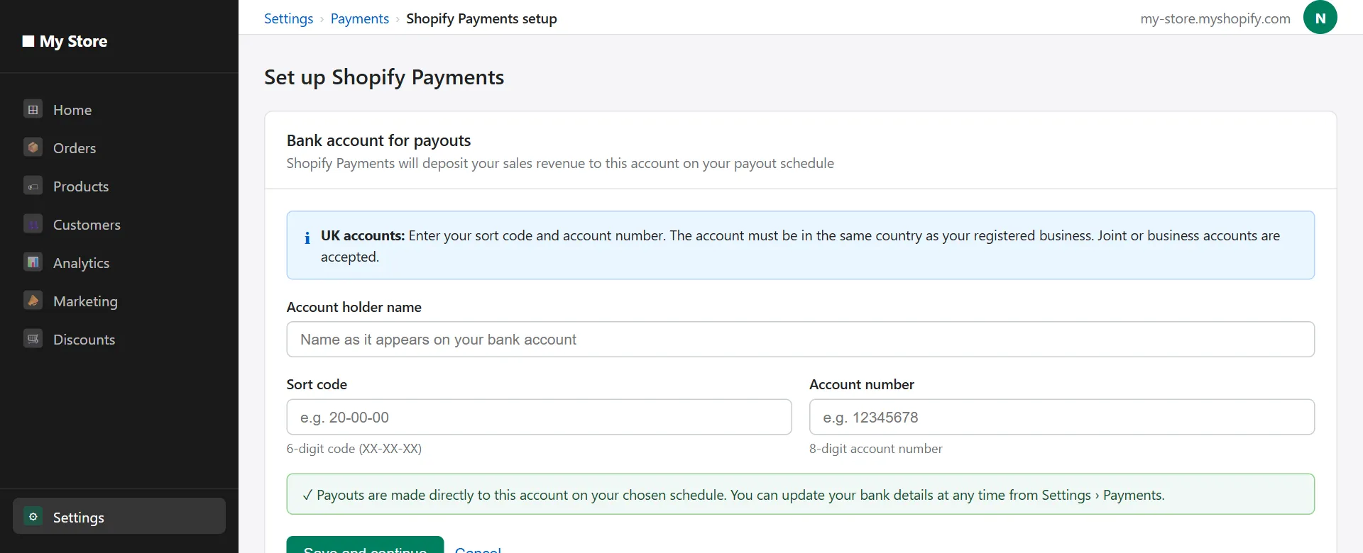 shopify payments bank account setup form sort code and account number