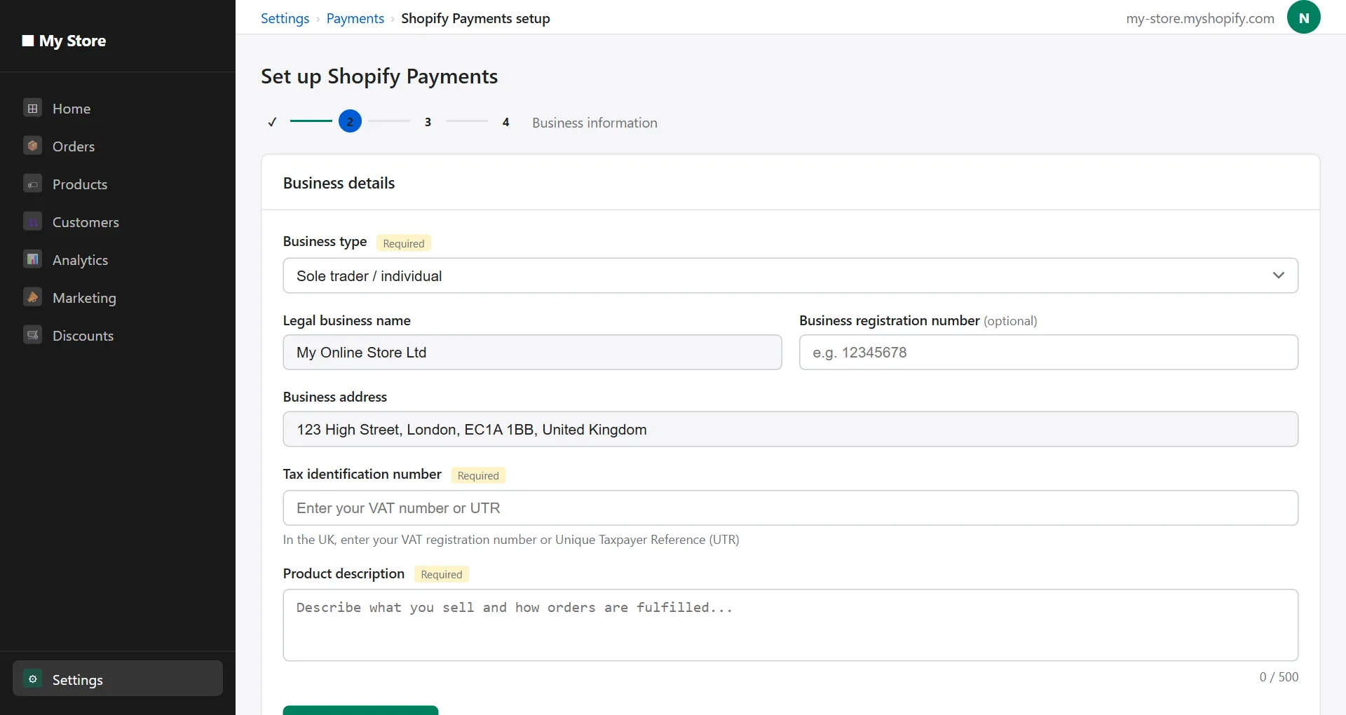 shopify payments complete account setup business information form