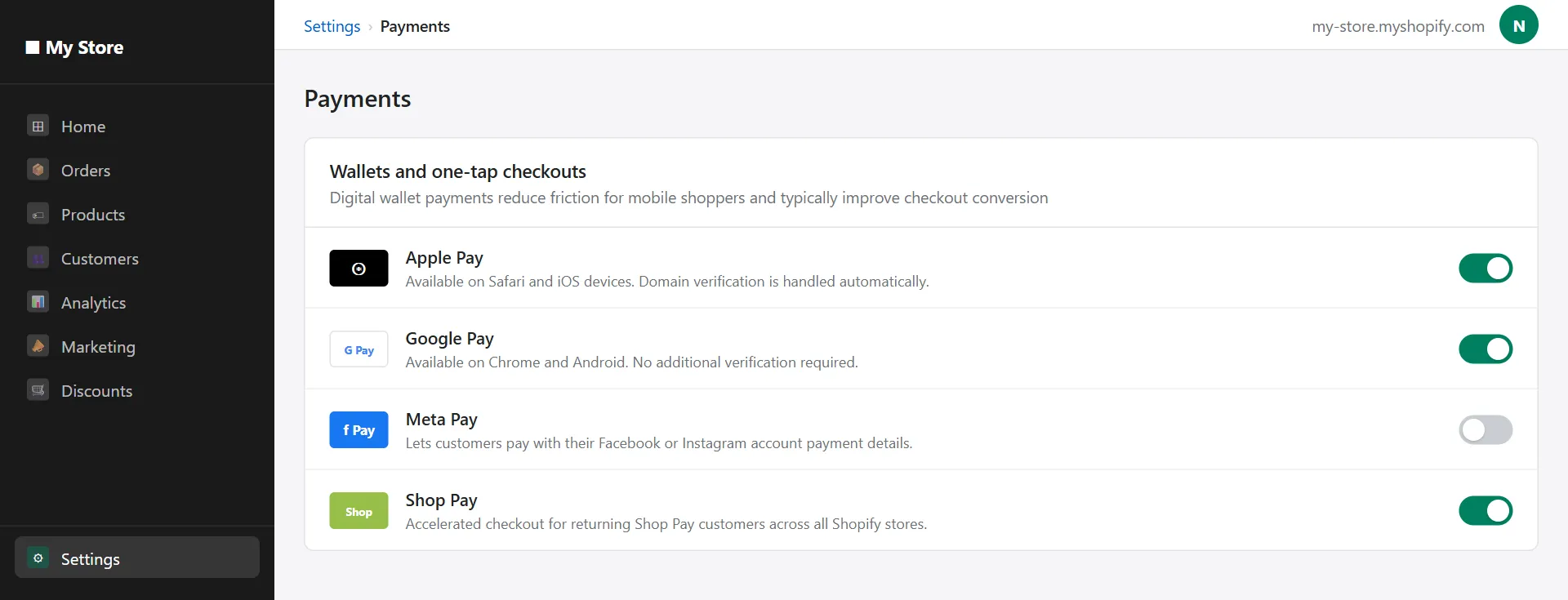 shopify payments digital wallets apple pay google pay enabled settings