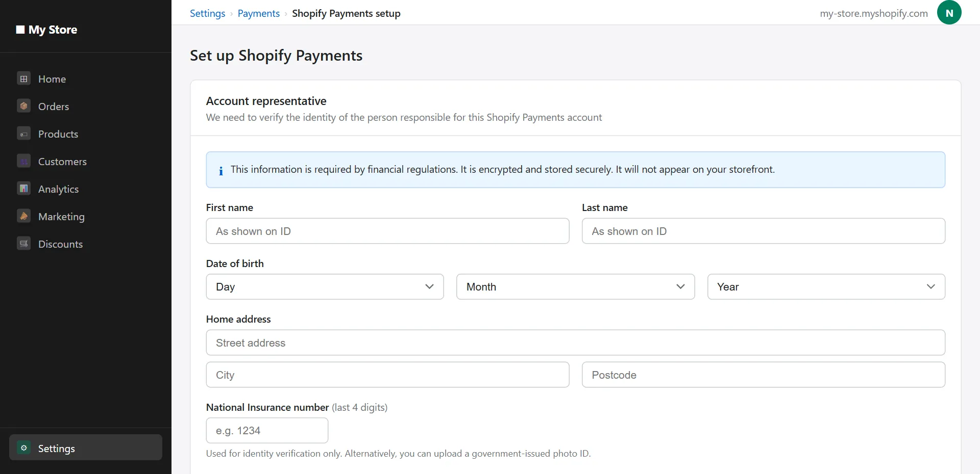 shopify payments personal identity verification form account representative
