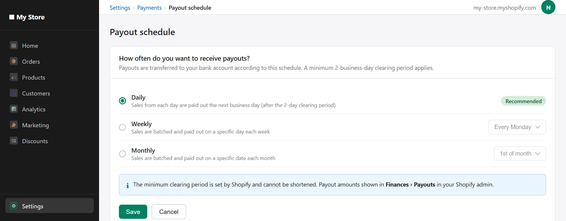 shopify payments payout schedule settings daily weekly monthly options