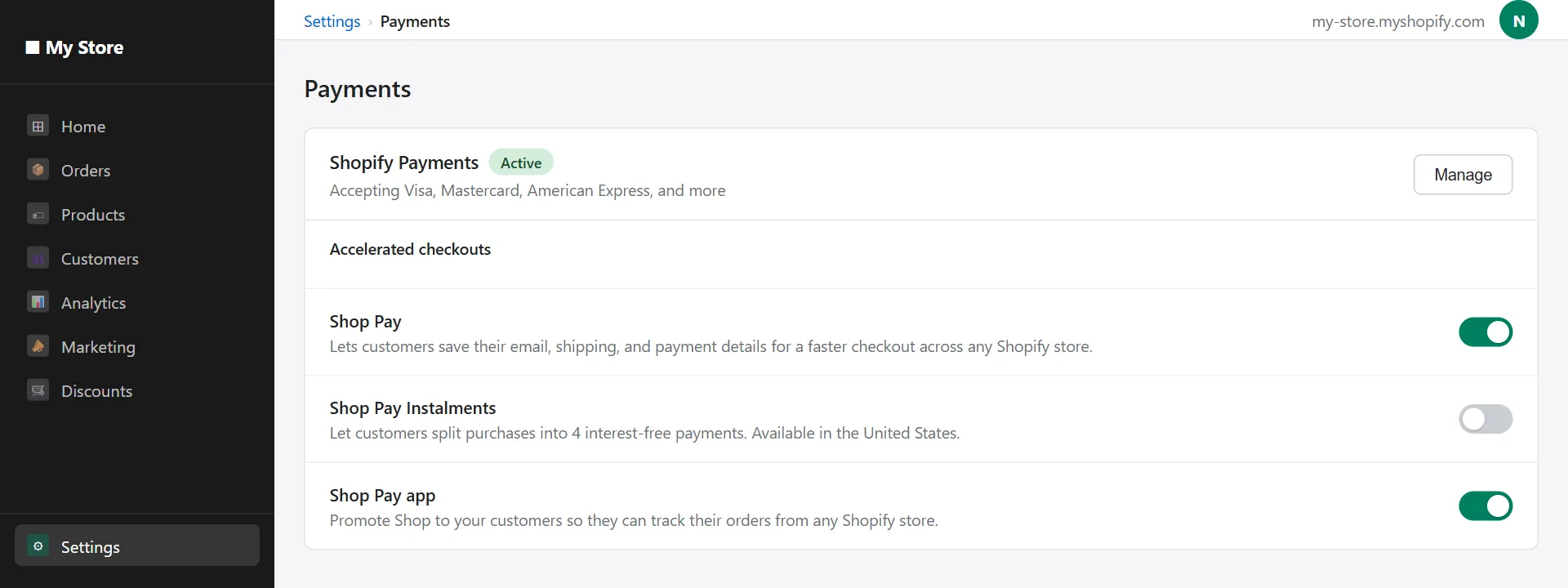 shopify payments shop pay toggle enabled in settings payments section