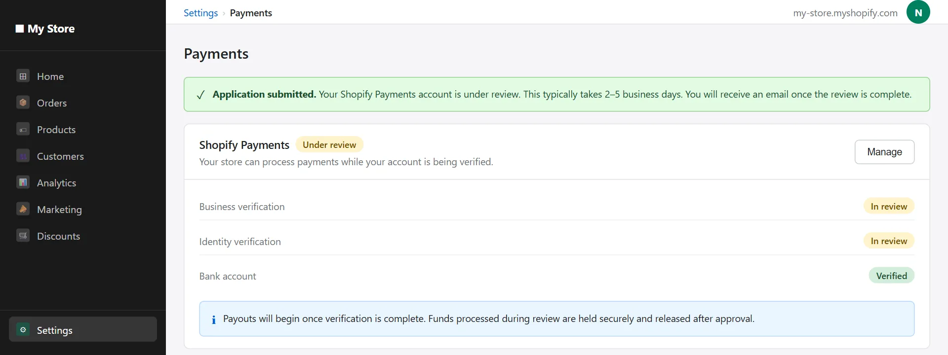 shopify payments account verification submitted and under review