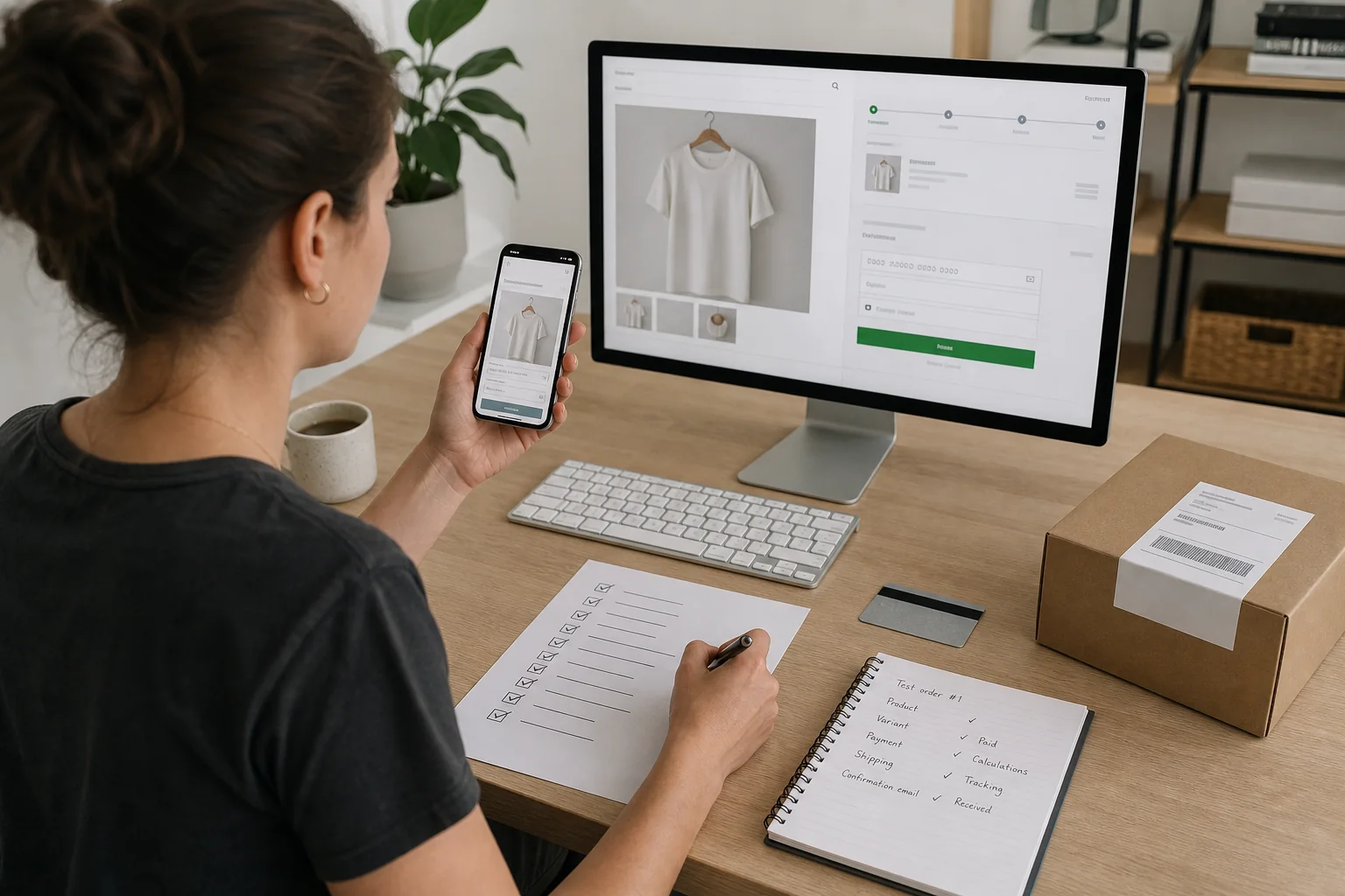 An ecommerce founder testing a product page and checkout on desktop and mobile before launch