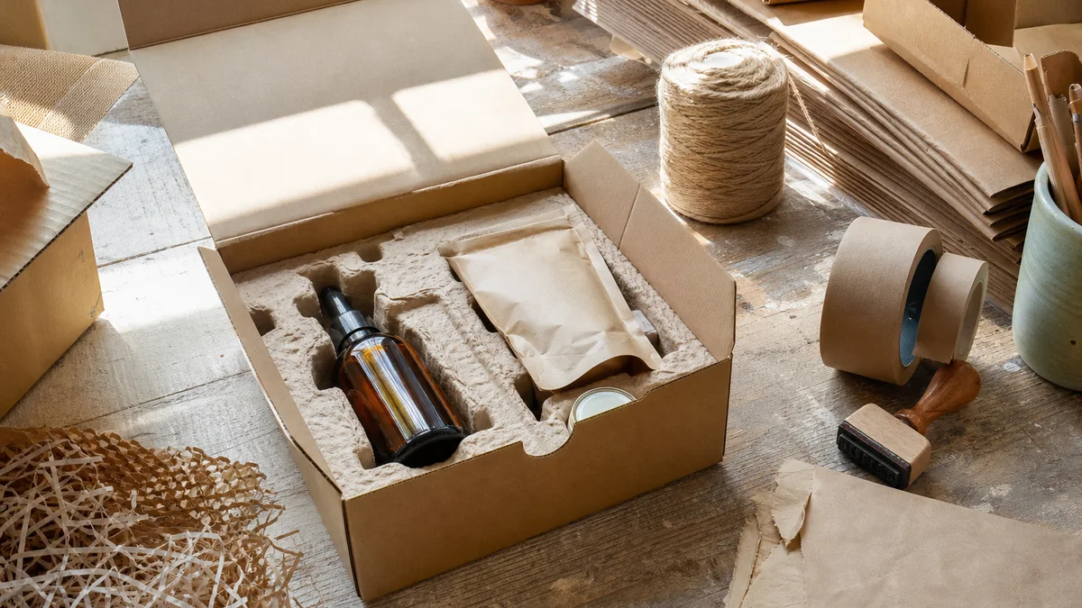 Protective ecommerce packaging materials with a kraft box and moulded-pulp product insert